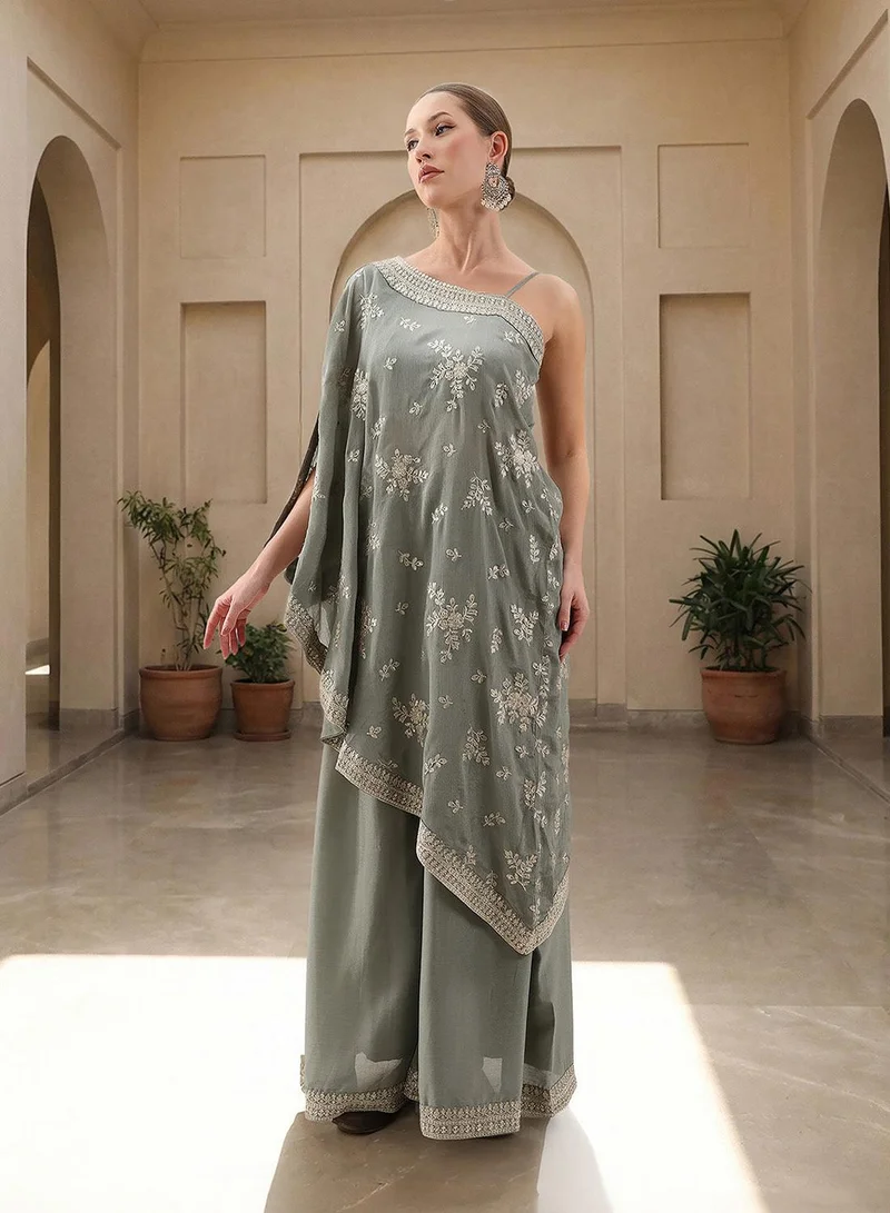 ISHIN  Rich Chinon Embroidered Brown Embroidered A Line Co-Ords ShararaBottom for Women | Best Price UAE